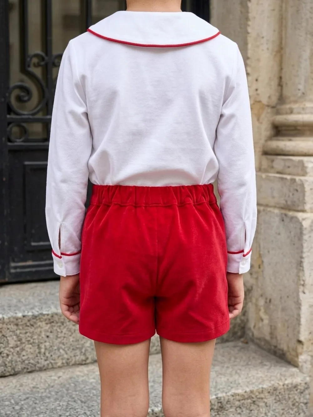 White Peter Pan Collar Top and Red Velvet Shorts Set